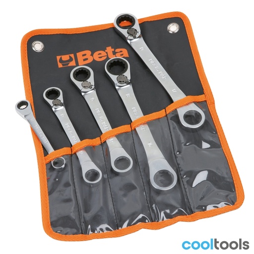 Beta | 195P/B5 | 5-delige set twaalfkant ringratelsleutels, omschakelbaar en gebogen, in etui | 001950266