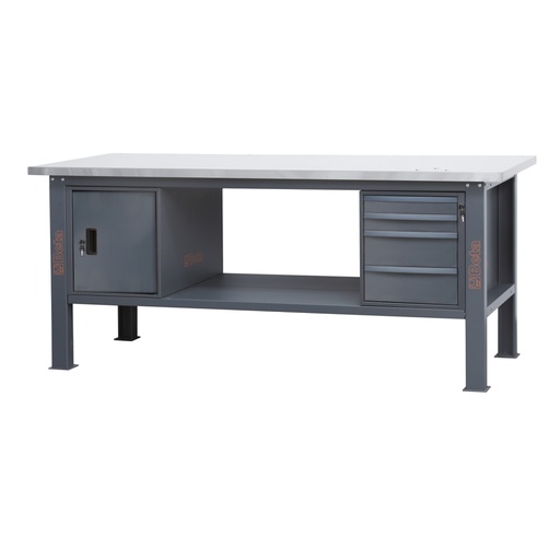 Beta | C58BC-X2,1 4CA | Werkbank 2,1 m met RVS-gecoat MDF-werkblad, 4 laden en deurmodule