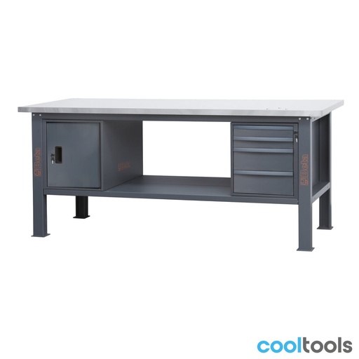 Beta | C58BC-X2,1 4CA | Werkbank 2,1 m met RVS-gecoat MDF-werkblad, 4 laden en deurmodule