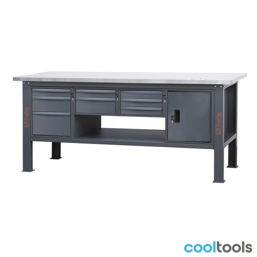 Beta | C58BC-X2,1 8CA | Werkbank 2,1 m met RVS-gecoat MDF-werkblad, 8 laden en deurmodule