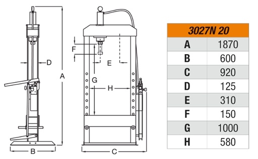 Beta | 3027N/20 | Hydraulische werkplaatspers, 20 ton, met verschuifbare perscilinder | 030270102