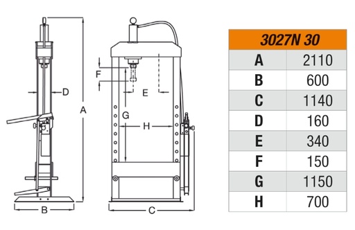 Beta | 3027N/30 | Hydraulische werkplaatspers, 30 ton, met verschuifbare perscilinder en takel | 030270103