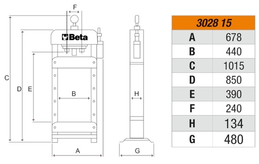 Beta | 3028/15 | Hydraulische werkplaatspers, 15 ton, met verschuifbare perscilinder | 030280015