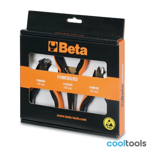 Beta | 1199ESD/D3 | ESD-set van 3 tangen: platte lange-bektang en 2 kniptangen | 011990003