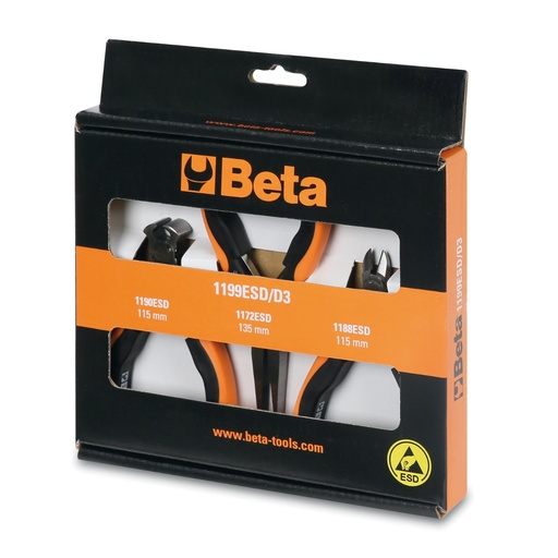 Beta | 1199ESD/D3 | ESD-set van 3 tangen: platte lange-bektang en 2 kniptangen | 011990003