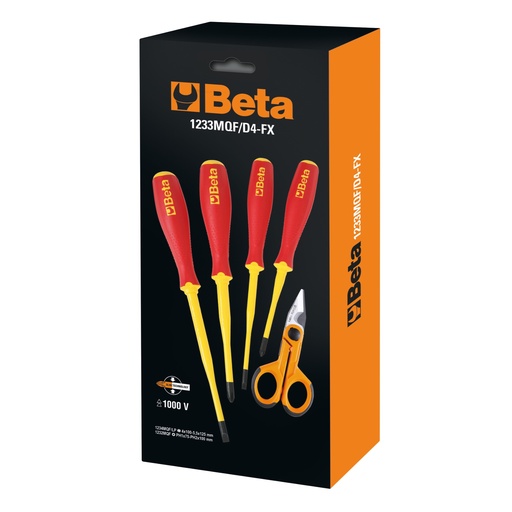 Beta | 1233MQF/D4-FX | Schroevendraaierset slank 4-delig met elektricienschaar 1128FX, geïsoleerd | 012330905