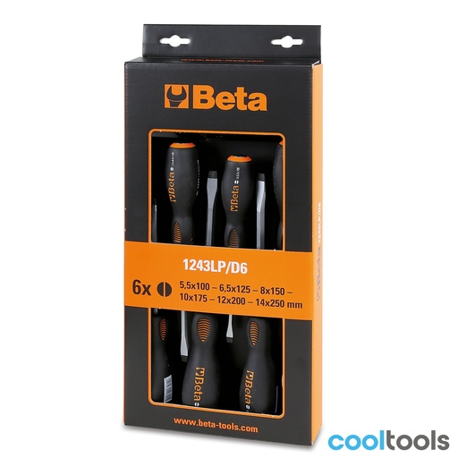Beta | 1243LP/D6 | Set van 6 schroevendraaiers met stalen kop, voor sleufschroeven | 012430016