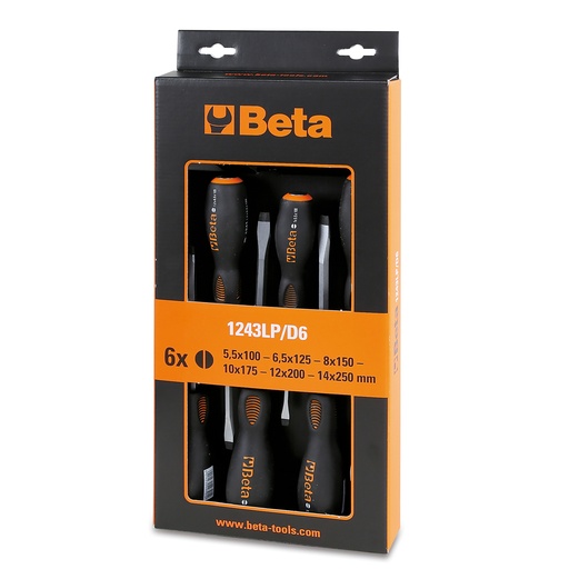 Beta | 1243LP/D6 | Set van 6 schroevendraaiers met stalen kop, voor sleufschroeven | 012430016
