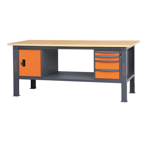 Beta | C58BC-W2,1 4CA | Werkbank 2,1 m met houten werkblad, 4 laden en deurmodule