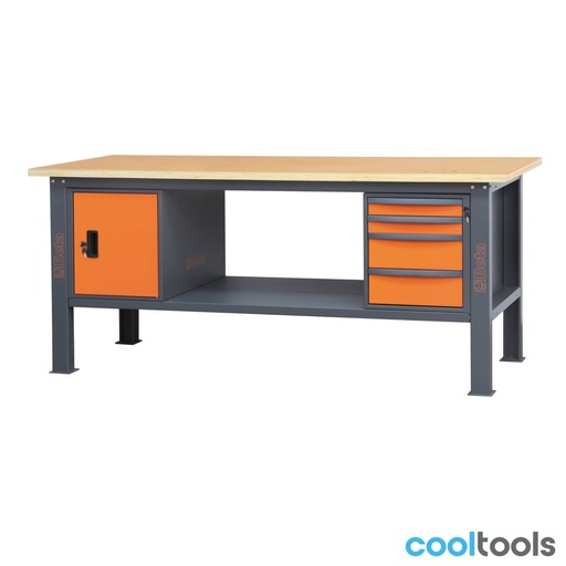 Beta | C58BC-W2,1 4CA | Werkbank 2,1 m met houten werkblad, 4 laden en deurmodule