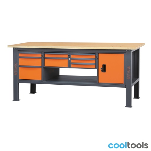Beta | C58BC-W2,1 8CA | Werkbank 2,1 m met houten werkblad, 8 laden en deurmodule