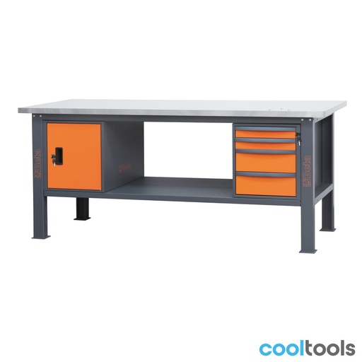 Beta | C58BC-X2,1 4CA | Werkbank 2,1 m met RVS-gecoat MDF-werkblad, 4 laden en deurmodule