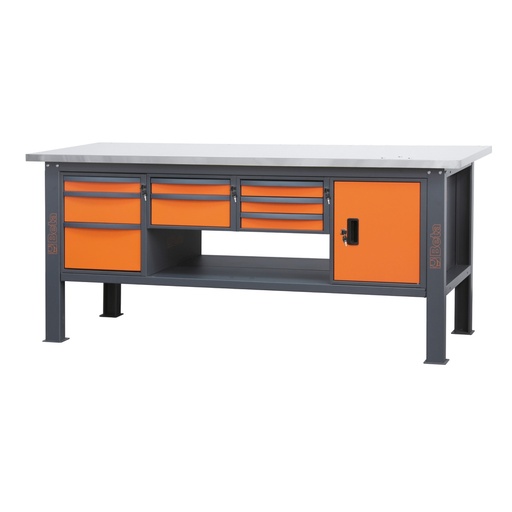 Beta | C58BC-X2,1 8CA | Werkbank 2,1 m met RVS-gecoat MDF-werkblad, 8 laden en deurmodule