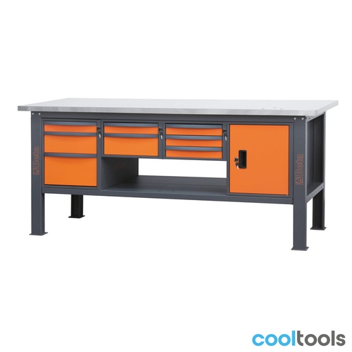 Beta | C58BC-X2,1 8CA | Werkbank 2,1 m met RVS-gecoat MDF-werkblad, 8 laden en deurmodule