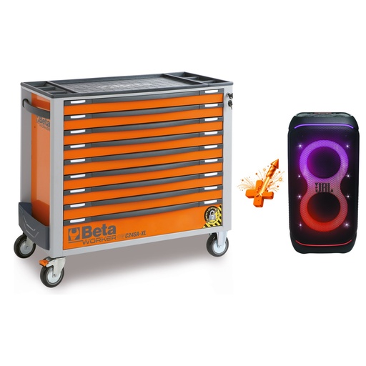 Beta | BW 2400S XL9/E-XXL | Gereedschapswagen breed model met 9 laden en 716-delig assortiment, oranje + gratis JBL PartyBox Stage 320 | ZNLDEC033
