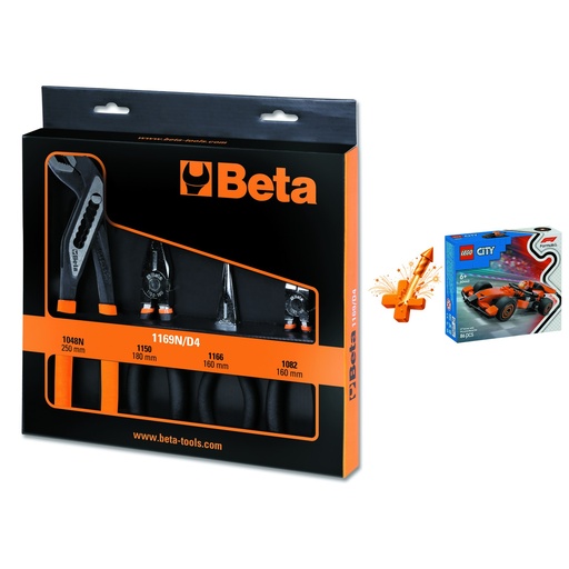Beta | 1169N/D4 | Set van 4 tangen: combinatie-, telefoon-, zijknip- en waterpomptang + gratis LEGO McLaren-raceauto | ZNLDEC042