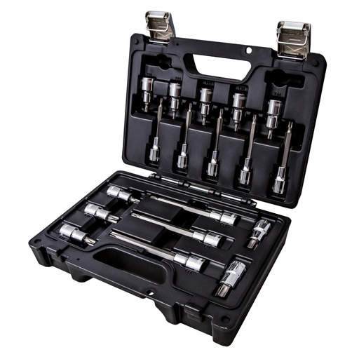 Doppenset 1/2" met 18 Torx-doppen, kort/lang/extra lang, in koffer
